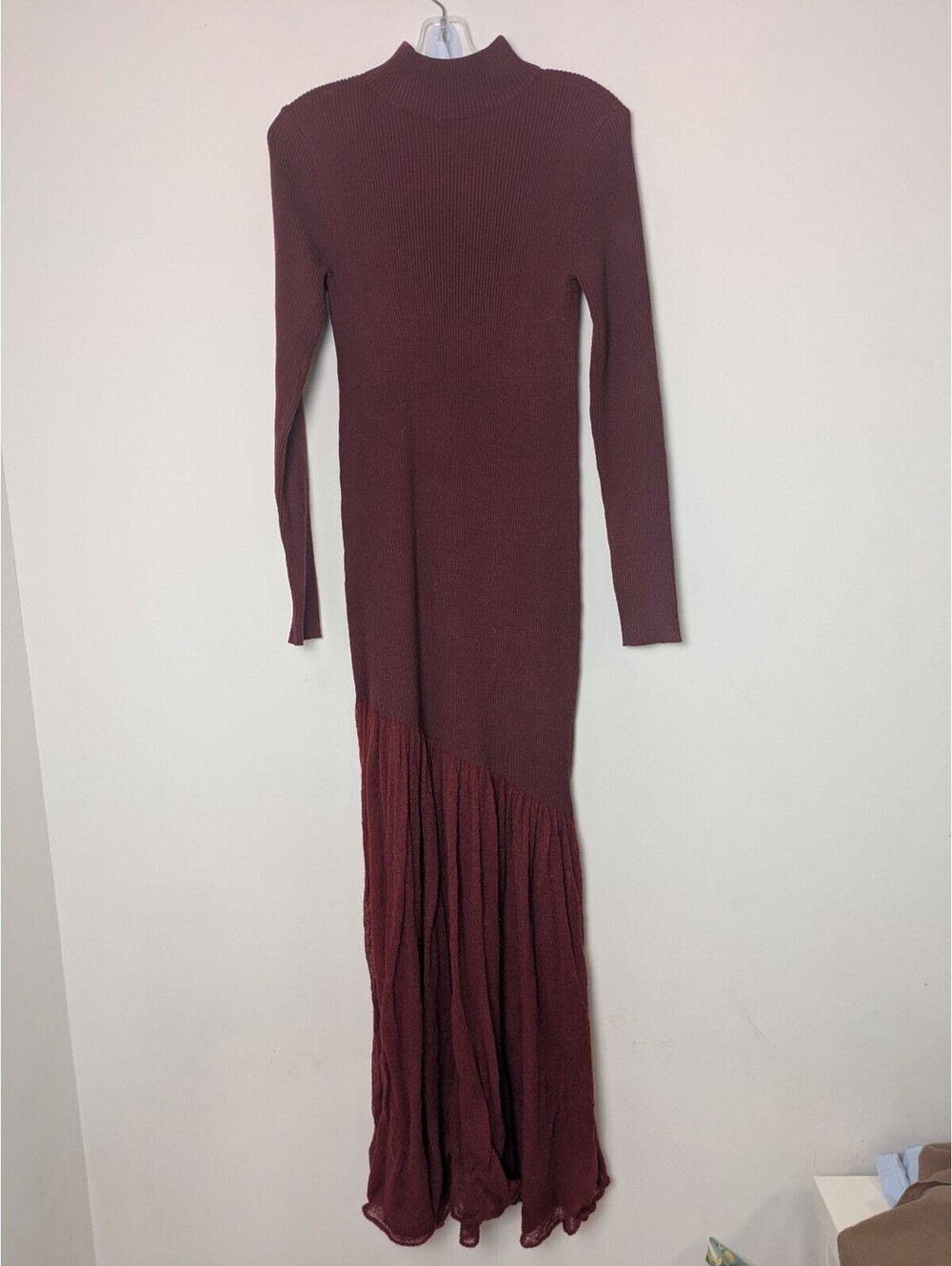 Commense Burgundy Ribbed Mohair Wool Blend Maxi Dress – Size M Long Sleeve Tunic